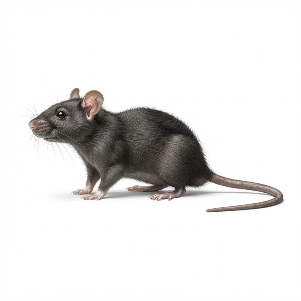 Rat noir (Rattus rattus) de profil, corps élancé, grandes oreilles et longue queue fine