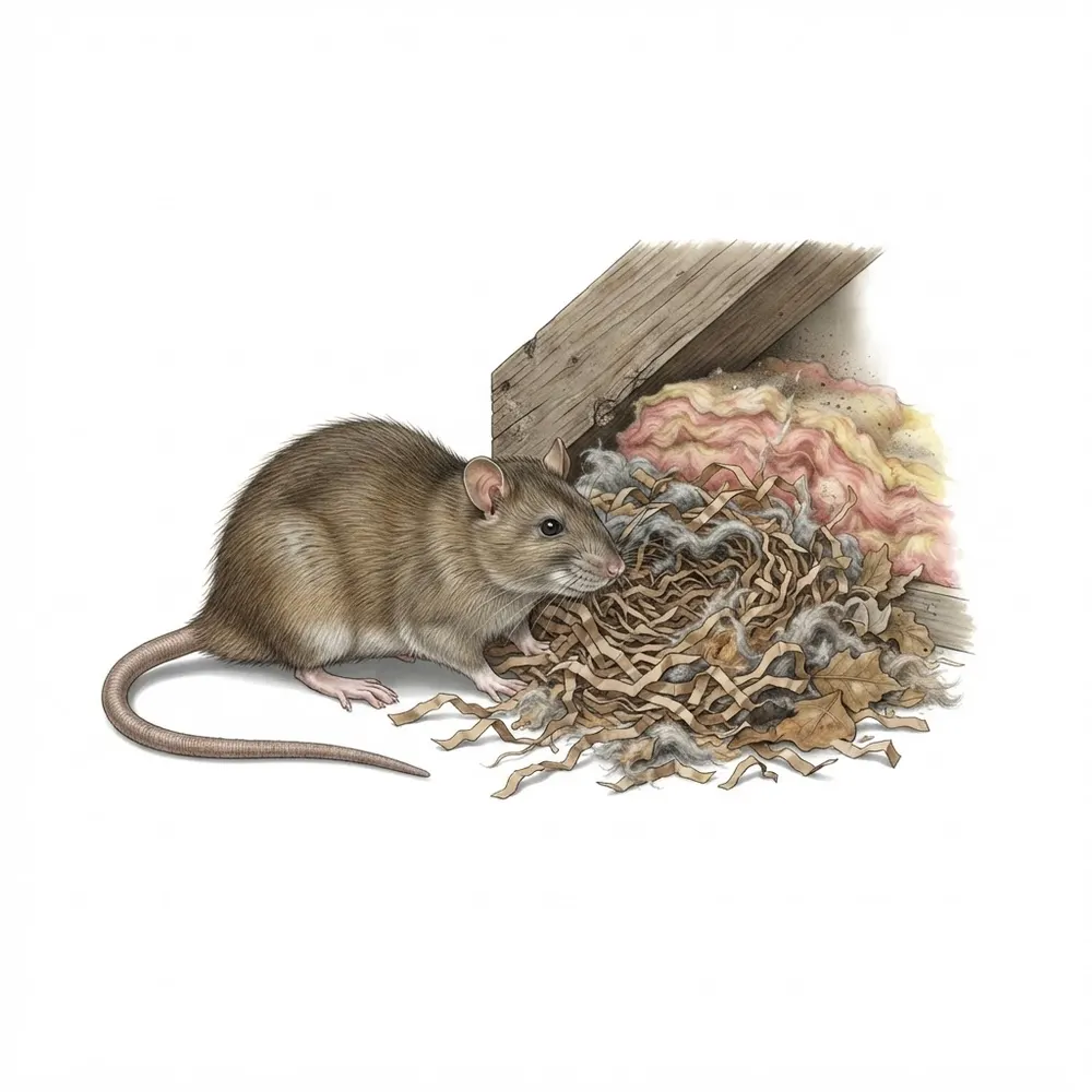 Rat près d’un nid de matériaux déchiquetés dans des combles isolés