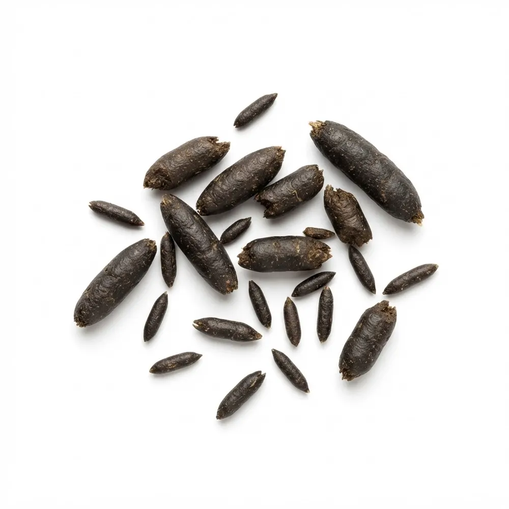 Crottes de rongeurs en forme de grains de riz noirs, tailles rat et souris