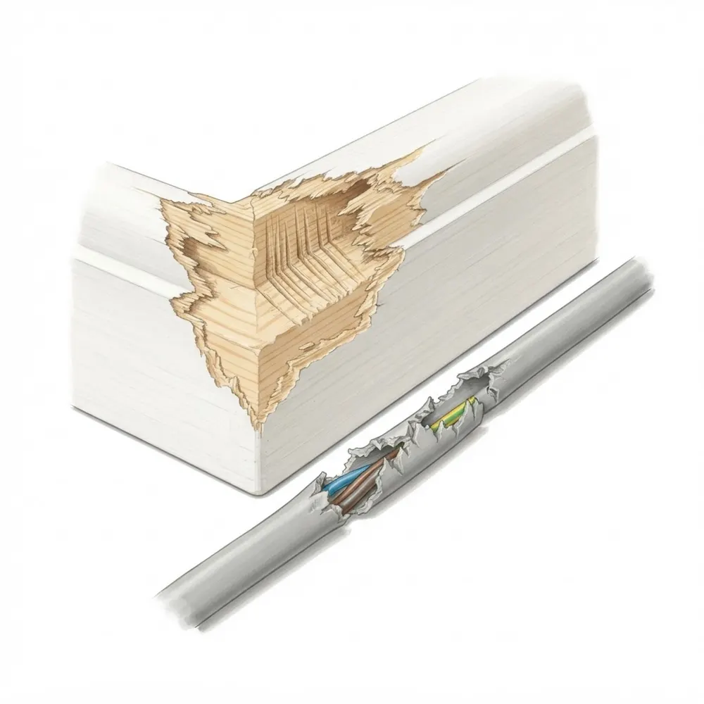 Traces de rongement sur une plinthe en bois et un câble, marques d’incisives