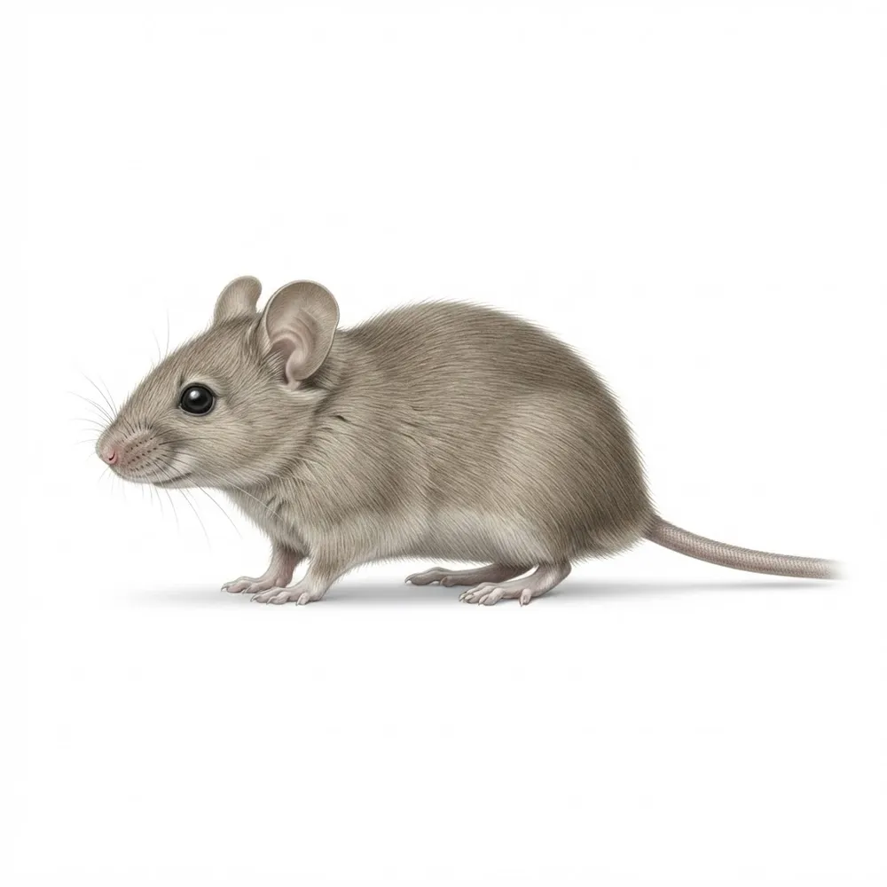 Souris domestique (Mus musculus) de profil, très petite taille, grandes oreilles rondes et fine queue